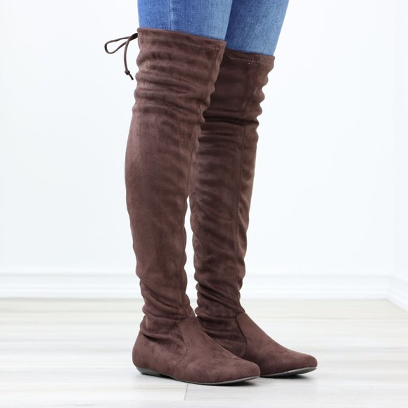 Brown Thigh High Over The Knee Flat Boots Faux Suede - Picture 3 of 13